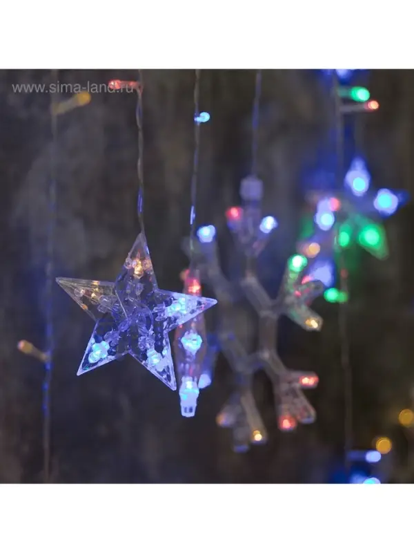 Гирлянда &laquo;Бахрома&raquo; 2.4&times;0.9 м с насадками &laquo;Снежинки&raquo;, IP20, прозрачная нить, 150 LED, свечение мульти, 8 режимов, 220 В