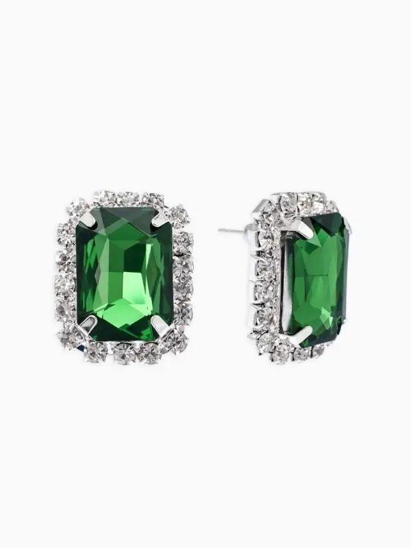 Серьги со стразами &laquo;Роскошь&raquo;, прямоугольник, зелёно-белые в серебре