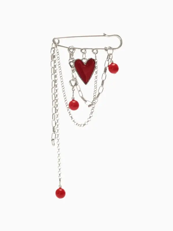 Булавка с подвесами &laquo;Сердце&raquo;, цепь с бусинами №8, красная в серебре, L=5 см