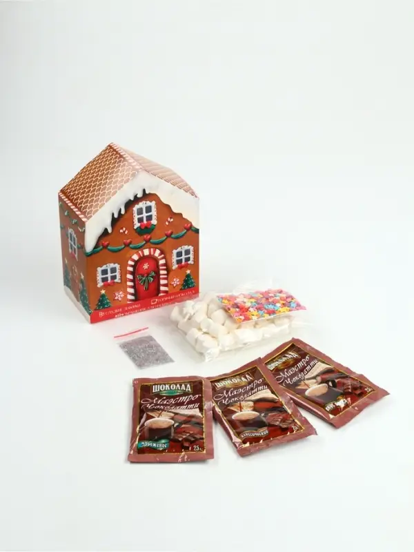 Набор с горячим шоколадом 3 шт, маршмеллоу и декором "Пряничный домик"