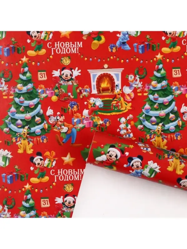Упаковочная бумага новогодняя, 70 х 100 см, Микки Маус