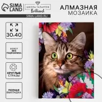 Алмазная мозаика с полным заполнением &laquo;Кот в цветах&raquo; 30&times;40 см, холст, ёмкость