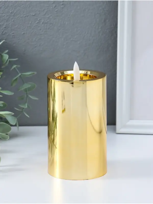 Светодиодная свеча LED - ночник RISALUX &laquo;Столбик. Глянец&raquo;, от батареек 3&times;АА, золото, мерцающая, 7.5&times;7.5&times;12 см