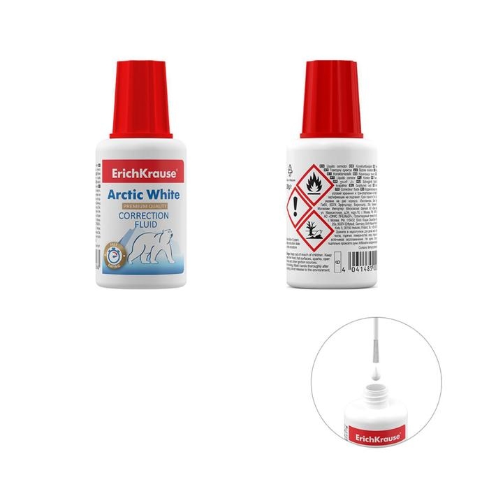 Корректирующая жидкость 20 мл, ErichKrause Arctic White, быстросохнущая, повышенной белизны, на основе растворителя, с кисточкой Корректирующая жидкость 20 мл, ErichKrause Arctic White, быстросохнущая, повышенной белизны, на основе растворителя, с кисточкой