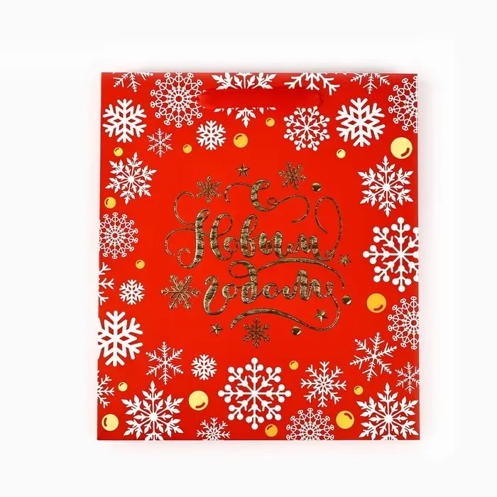 Пакет подарочный новогодний ламинированный &laquo;Золотые снежинки&raquo;, тиснение, M 30&times;26&times;9 см