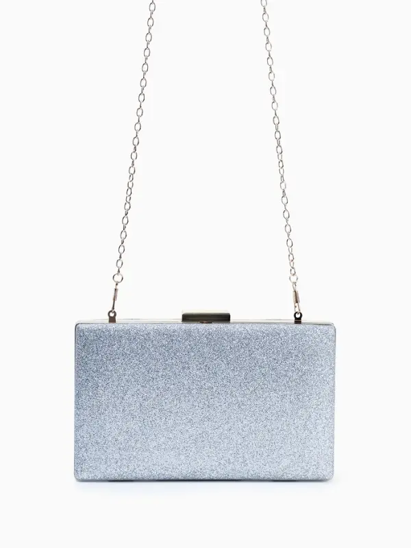 Сумка-клатч женская вечерняя на фермуаре, жёсткий корпус, на цепочке, блестящая, серебристая