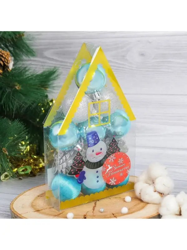 Ёлочные игрушки &laquo;Домик&raquo;, шары новогодние, набор 12 шт. (9 шаров,3 шишки), серебристый/голубой