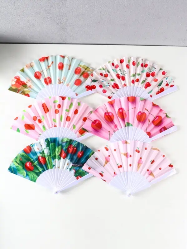 Веер пластик, текстиль  Веер пластик, текстиль "Вишня и цветки" МИКС 23 см