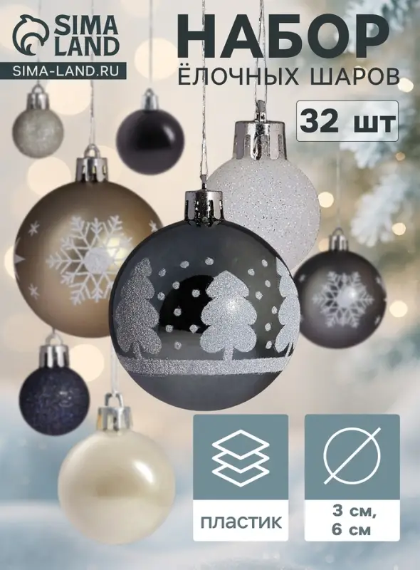 Ёлочные шары &laquo;Морозное утро&raquo;, d=3 см, d=6 см, набор 32 шт., МИКС