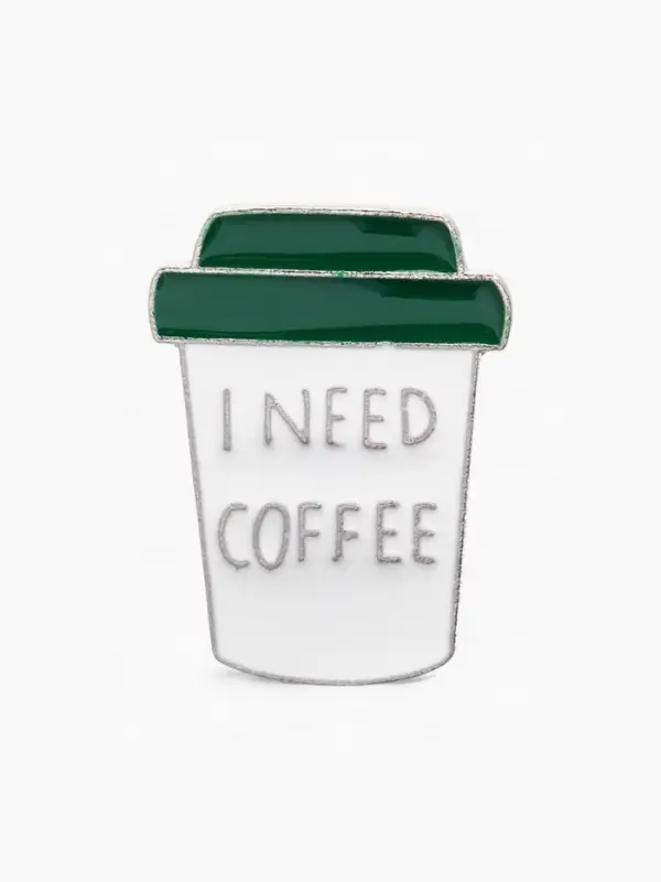 Значок &laquo;Мне нужен кофе&raquo;, бело-зелёный в серебре