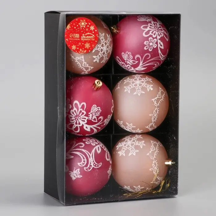 Ёлочные игрушки &laquo;Ажур&raquo;, шары новогодние, d=7.5 см, набор 6 шт., красный/бежевый