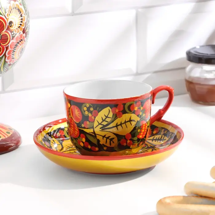 Чайная пара керамика, 250 мл., хохлома, МИКС