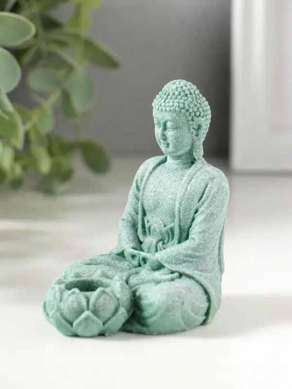 Подсвечник/подставка под конус полистоун "Будда и лотос" зелёный d=1,5 см 7,7х5,5х9 см