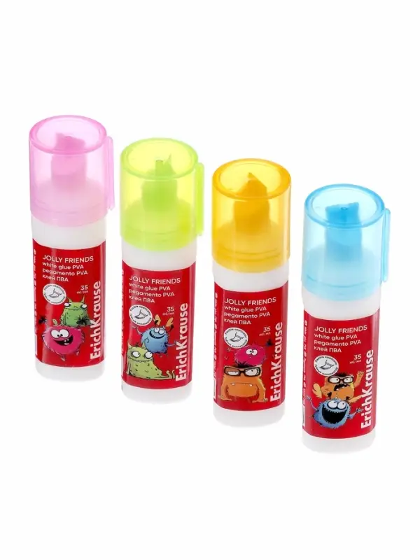 Клей ПВА ErichKrause Jolly Friends, 35 мл, с гибким аппликатором, МИКС