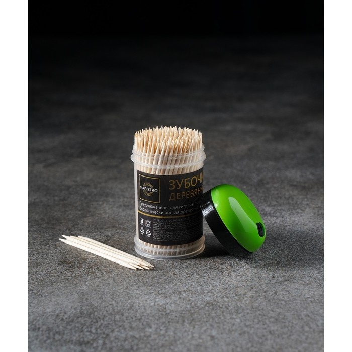 Зубочистки из берёзы Magistro, 200 шт, пластиковая баночка, крышка с дозатором Зубочистки из берёзы Magistro, 200 шт, пластиковая баночка, крышка с дозатором