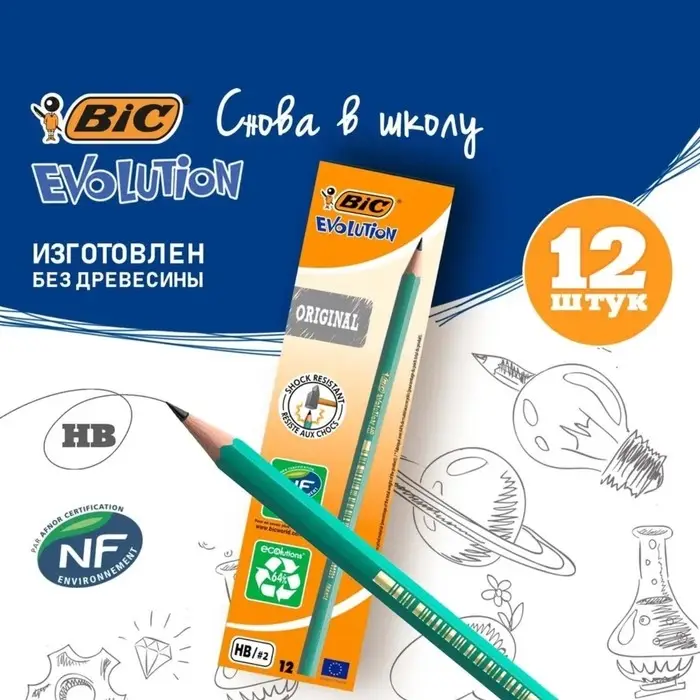 Карандаш чернографитный (простой) НВ, BIC Evolution, заточенный, пластик, без ластика, шестигранный, зелёный корпус Карандаш чернографитный (простой) НВ, BIC Evolution, заточенный, пластик, без ластика, шестигранный, зелёный корпус