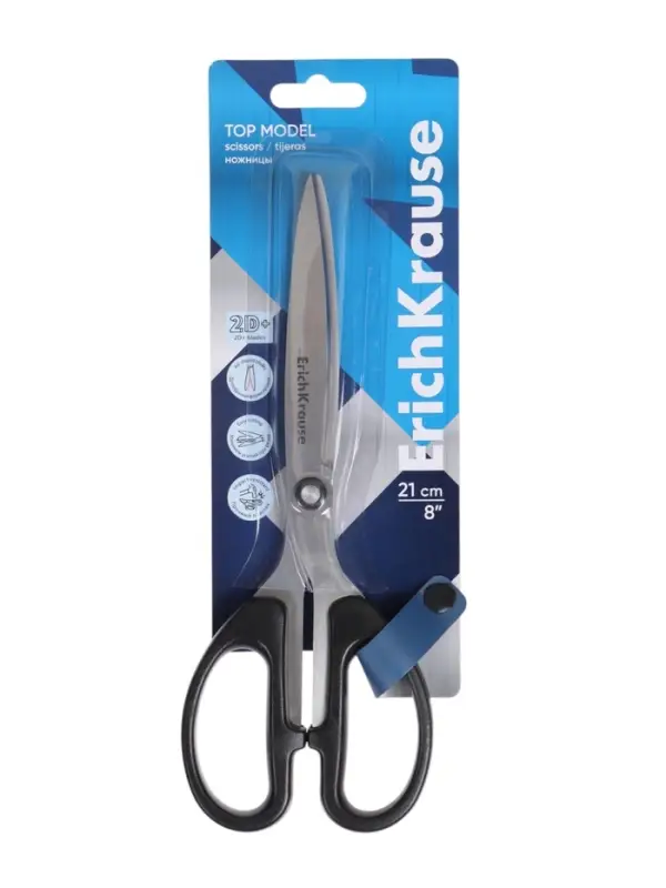 Ножницы ErichKrause Top Model, 21 см, блистер, увеличенная толщина лезвий, чёрные