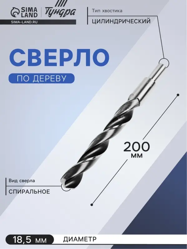 Сверло по металлу ТУНДРА, HSS, цилиндрический хвостовик, 18.5&times;200 мм