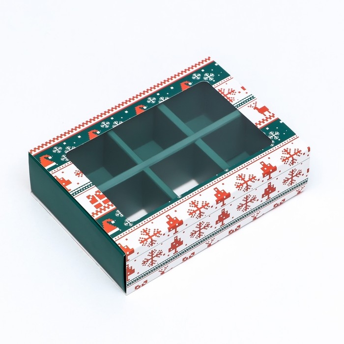 Новый год. Коробка под 6 конфет  Новый год. Коробка под 6 конфет "Новогодние узоры", 13,7 х 9,8 х 3,8 см, кондитерская упаковка