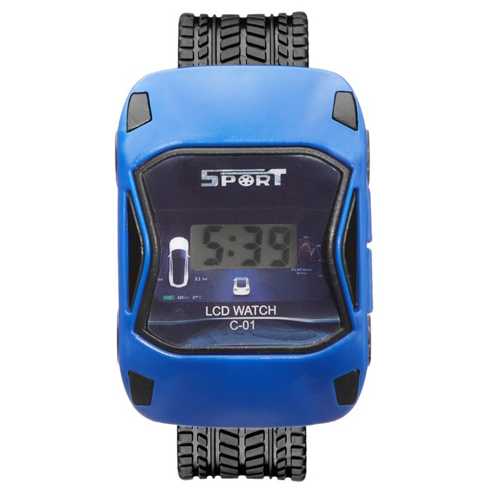 Часы наручные электронные, детские, Часы наручные электронные, детские, "Гоночная машинка", ремешок силикон, 22 см, синие