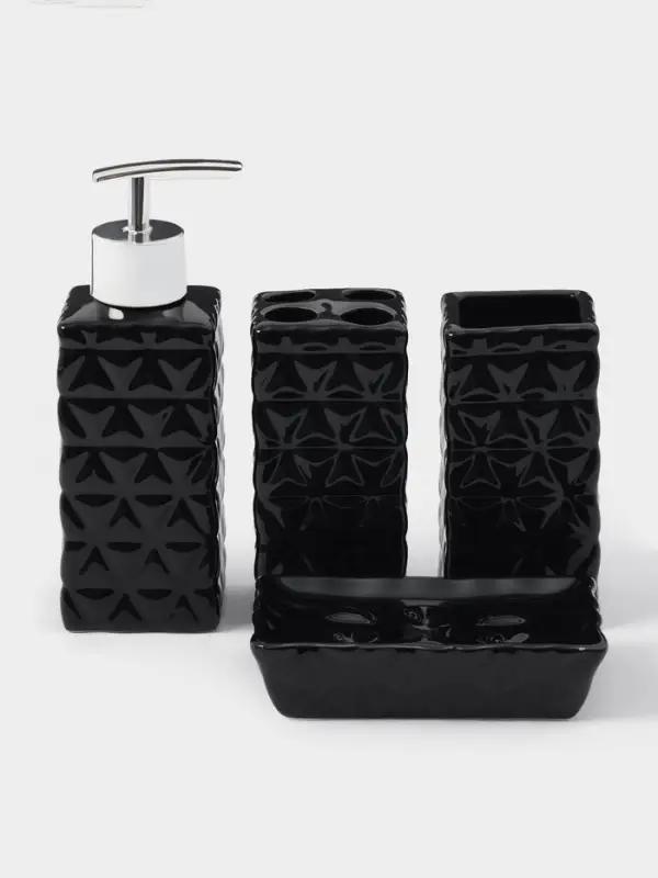 Набор аксессуаров для ванной комнаты &laquo;Ромбы&raquo;, 4 предмета, дозатор 230 мл, мыльница, 2 стакана, чёрный