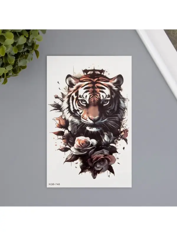 Переводная тату на тело цветная &laquo;Тиг в розах&raquo;, 11.4&times;21 см