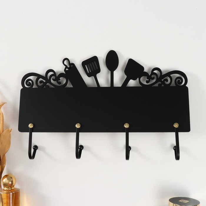 Крючки декоративные дерево Крючки декоративные дерево "Кухонные принадлежности" чёрный, зеркальный 4,3х34х22,3 см