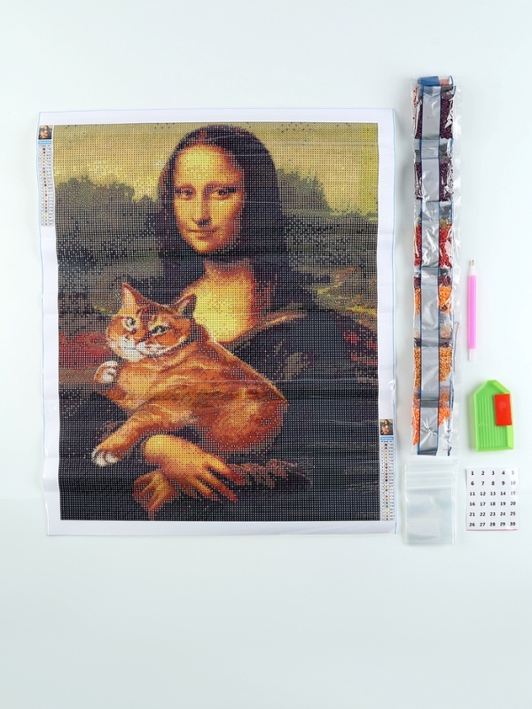 Алмазная мозаика с полным заполнением на холсте «Мона Лиза с котом», 40 х 50 см