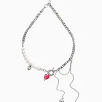 Колье с подвеской на цепочке &laquo;Сердце с жемчугом&raquo;, керамика, L=35 + удлинитель 5 см, белый, красный в серебре