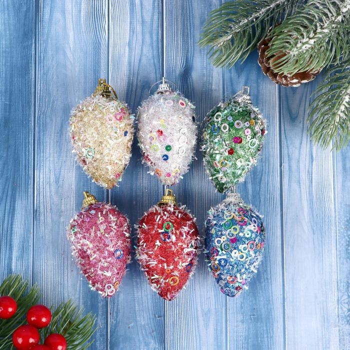 Украшение ёлочное Украшение ёлочное "Шишки в пайетках" (набор 6 шт) 4х7 см, микс