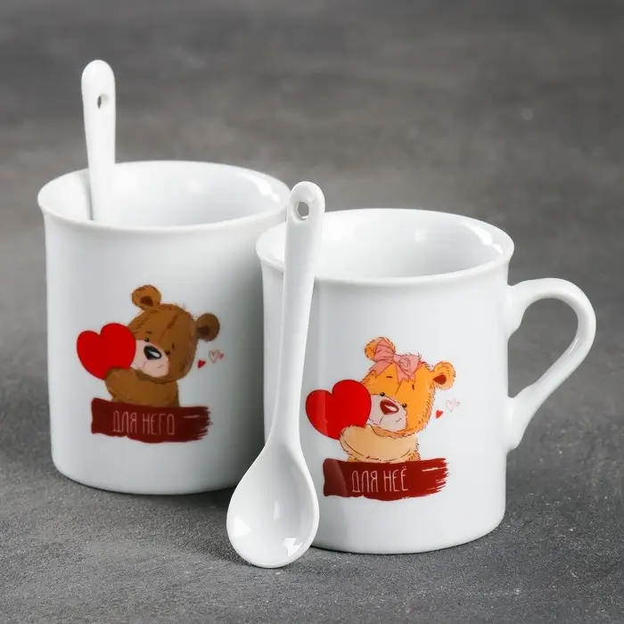 Набор из керамики «Для неё и для него»: кружка 180 мл 2 шт., ложка 2 шт. , цвет белый Набор из керамики «Для неё и для него»: кружка 180 мл 2 шт., ложка 2 шт. , цвет белый