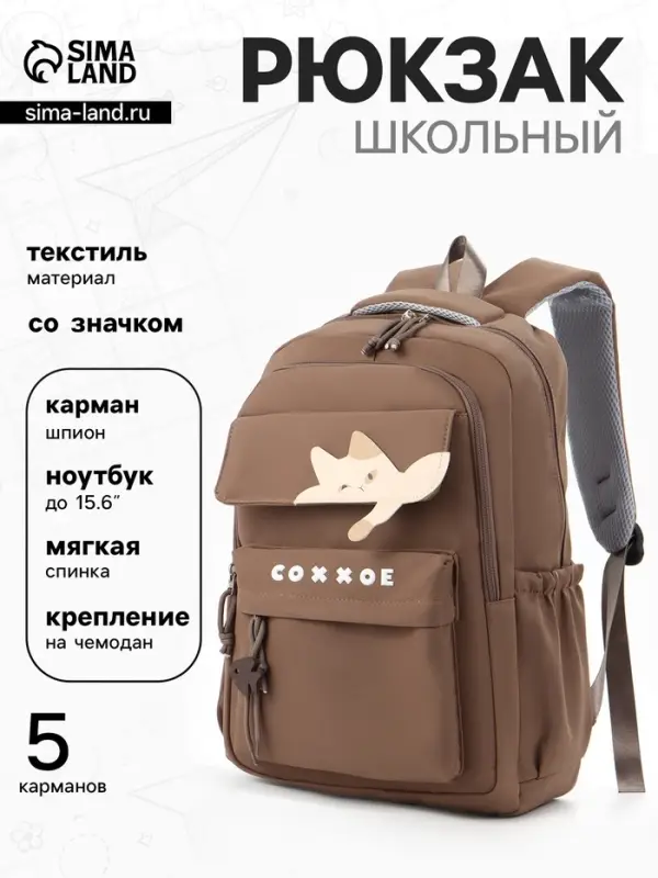Рюкзак школьный, &laquo;Уставший кот&raquo;, 5 карманов, 2 отделения, 31&times;13.5&times;45 см, коричневый