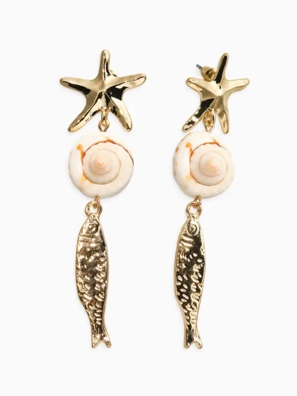 Серьги &laquo;Морской мир&raquo;, рыбки с ракушкой, белые в золоте