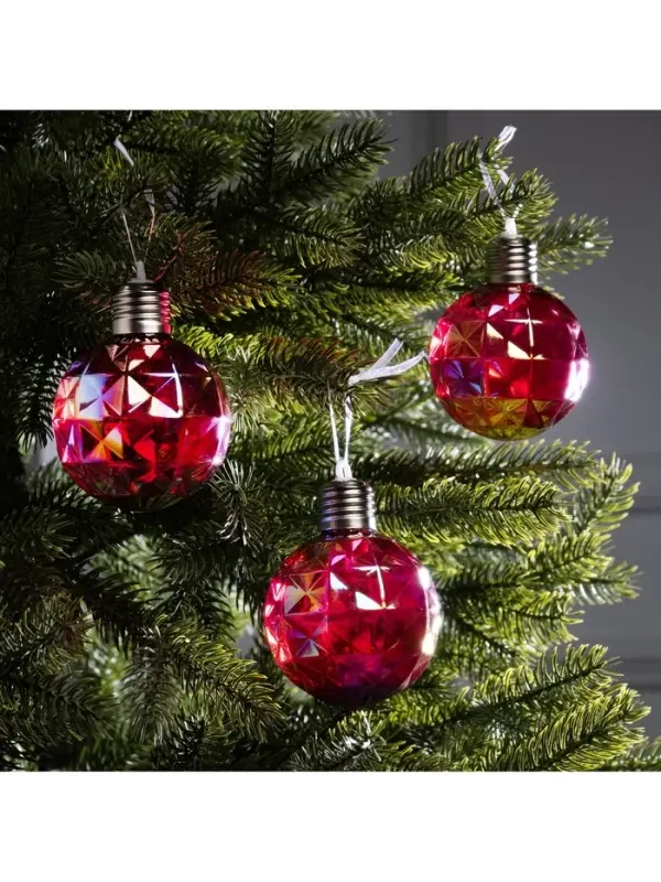 Набор ёлочных шаров &laquo;Яркие переливы&raquo;, 3 шт., d=7 см, 3 LED, от батареек AG13&times;9, свечение тёплое белое