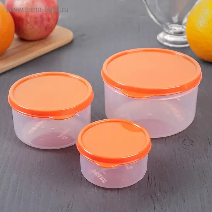 Набор контейнеров пищевых круглых Доляна, 3 шт: 150 мл, 300 мл, 500 мл, прозрачные, крышка оранжевая Набор контейнеров пищевых круглых Доляна, 3 шт: 150 мл, 300 мл, 500 мл, прозрачные, крышка оранжевая