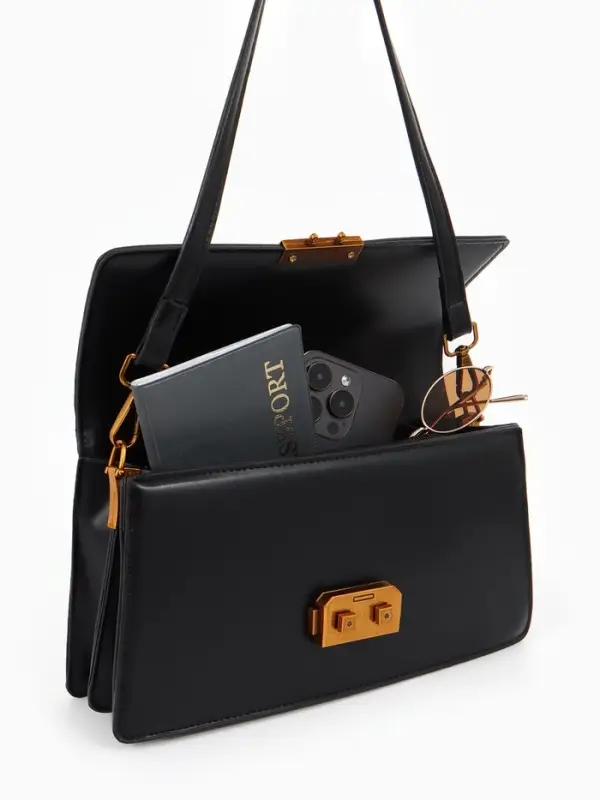 Сумка женская мессенджер TEXTURA на клапане, 26&times;8.5&times;14 см, чёрная