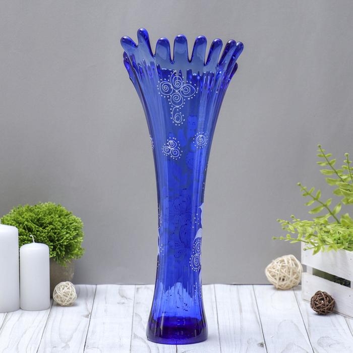 Ваза  Ваза "Коралл" h 380 мм. из синего стекла (ручная роспись) рис. № 3 (Бел.)