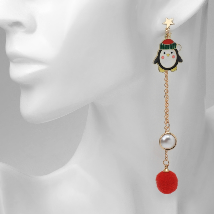 Новый год! Серьги «Новогодние» висячие, пингвин, цветные в золоте Новый год! Серьги «Новогодние» висячие, пингвин, цветные в золоте