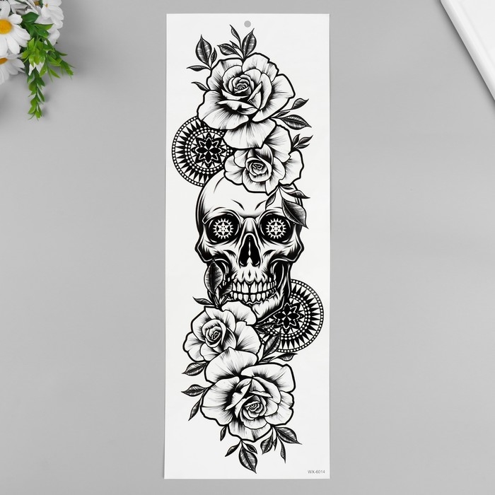 Татуировка на тело черная Татуировка на тело черная "Череп в цветах" 48х17 см