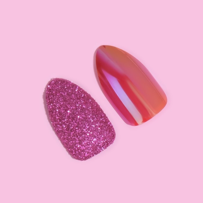 Накладные ногти, 24 шт, с клеевыми пластинами, форма миндаль, блёстки/голография, цвет малиновый Накладные ногти, 24 шт, с клеевыми пластинами, форма миндаль, блёстки/голография, цвет малиновый