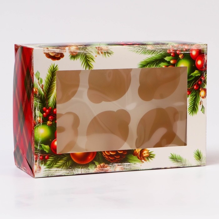 Новый год. Коробка для 6 капкейков с окном  Новый год. Коробка для 6 капкейков с окном "Новогодняя с шишками", 25 х 17 х 10 см, упаковка