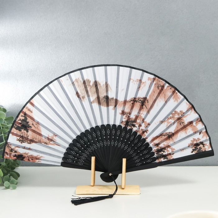 Веер бамбук, текстиль h=21 см  Веер бамбук, текстиль h=21 см "Туманные горы" белый, с кисточкой