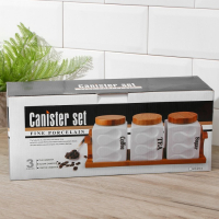 Банки для хранения сыпучих продуктов на деревянной подставке «Эстет. Волны», 3 предмета: 900 мл, 12×14,5 см, керамические, цвет белый Банки для хранения сыпучих продуктов на деревянной подставке «Эстет. Волны», 3 предмета: 900 мл, 12×14,5 см, керамические, цвет белый