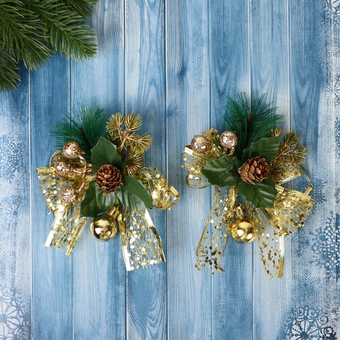 Украшение ёлочное Украшение ёлочное "Еловая композиция" (набор 2 шт) бант блеск шишка, 11х9 см, золото