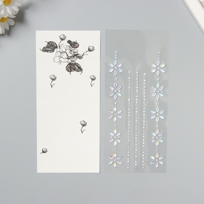 Наклейка пластик стразы тату на тело Наклейка пластик стразы тату на тело "Цветочная аппликация" серебро набор 2 листа 18х8 см
