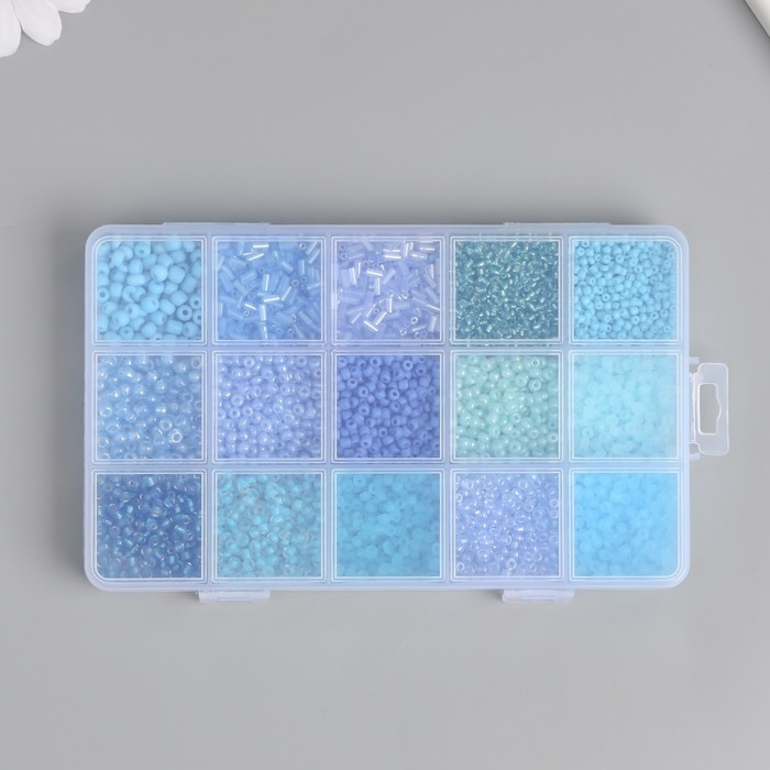 Бисер стекло 6/0, 8/0, 12/0 в шкатулке  Бисер стекло 6/0, 8/0, 12/0 в шкатулке "Синий" стеклярус 15,5х9,5х1,6 см