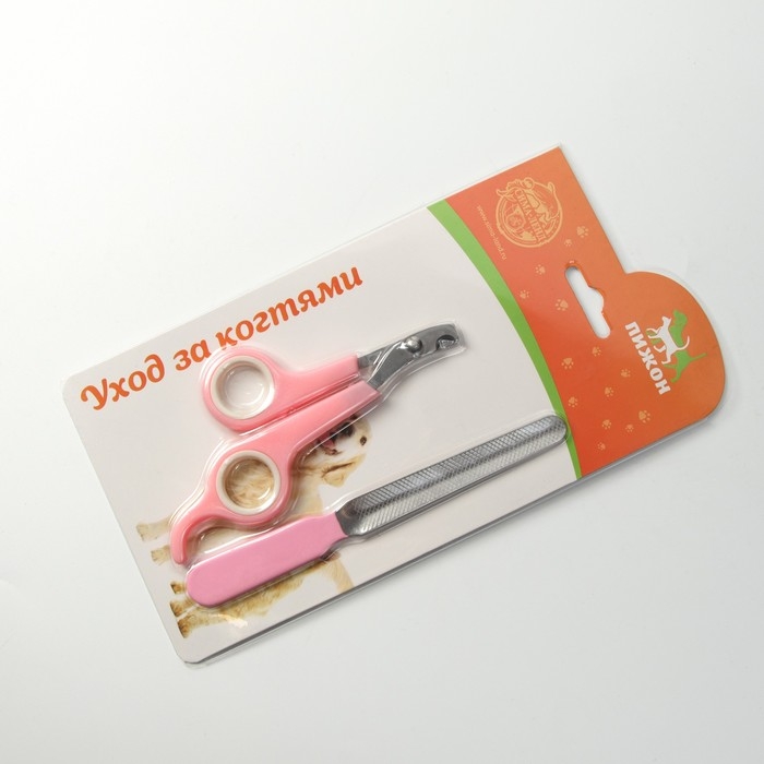 Набор по уходу за когтями: ножницы-когтерезы (отверстие 6 мм) и пилка, розовый с белым Набор по уходу за когтями: ножницы-когтерезы (отверстие 6 мм) и пилка, розовый с белым
