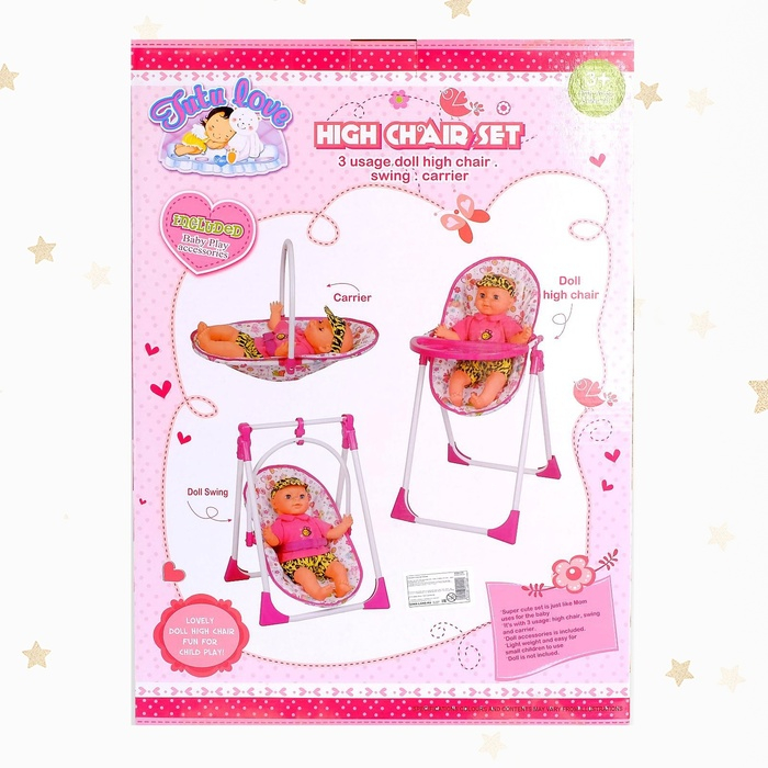 Стульчик для кормления куклы, трансформер 2в1: стульчик, качели; с аксессуарами МИКС Стульчик для кормления куклы, трансформер 2в1: стульчик, качели; с аксессуарами МИКС
