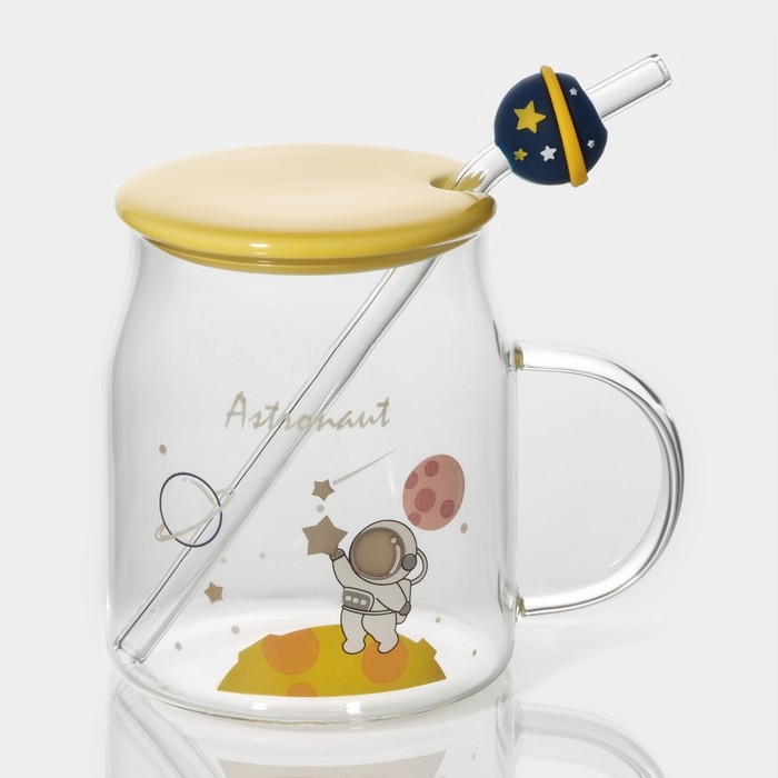 Кружка стеклянная с керамической крышкой и трубочкой «Космос», 500 мл, цвет МИКС Кружка стеклянная с керамической крышкой и трубочкой «Космос», 500 мл, цвет МИКС