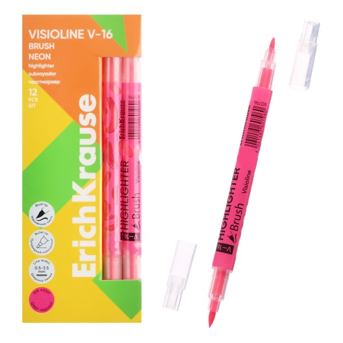 Маркер текстовыделитель 0.5-3.5 мм ErichKrause Visioline V-16 Brush Neon, двухсторонний, розовый неон, чернила на водной основе Маркер текстовыделитель 0.5-3.5 мм ErichKrause Visioline V-16 Brush Neon, двухсторонний, розовый неон, чернила на водной основе